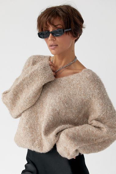 В'язаний джемпер з V-подібною горловиною - кавовий цвет, ONE SIZE (є розміри)