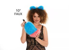 Анальный меховой хвост без пробки, Ярко-синий с ярко-розовым кончиком, OKOVA sexstyle