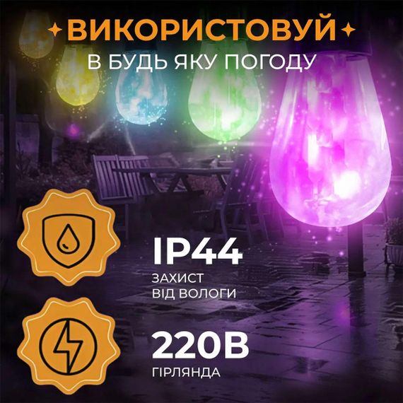 Гірлянда вулична у стилі ретро світлодіодна мультиколор S14 на 10 LED ламп завдовжки 5 метрів S14ML | Зображення 1