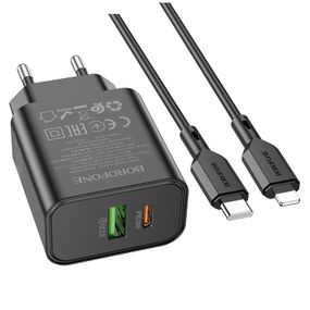 Набір BOROFONE BA88A СЗУ USB+Type-C+ кабель Lightning, PD20W+Q3.0, 1м, Black, Blister
