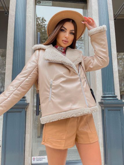 Женская короткая куртка демисезонная эко кожа LY30336 цвет бежевый, размер 42/44 | Зображення 4