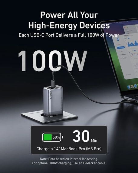 Мережевий зарядний пристрій Anker GaNPrime Charger - 100W, 2xUSB-C PD & 1xUSB-A Foldable Silver | Зображення 2