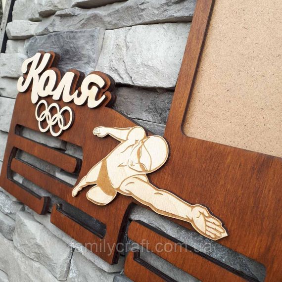 Медальниця з фоторамкою Дерев'яний тримач для медалей Органайзер для нагород Плавання | Зображення 2