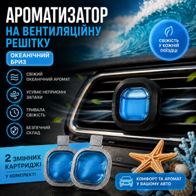 Автомобільний ароматизатор на вентеляційну решітку Океанічний бриз із 2 змінними картриджами для дефлектора авто