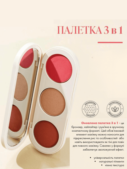 Палетка для обличчя 3 в 1 Бронзер Хайлайтер Рум'яна Farmasi 13 г