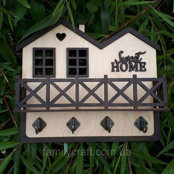 Ключница настенная деревянная с полочкой Sweet Home венге, органайзер держатель для ключей в прихожую на 4 крючка | Зображення 3