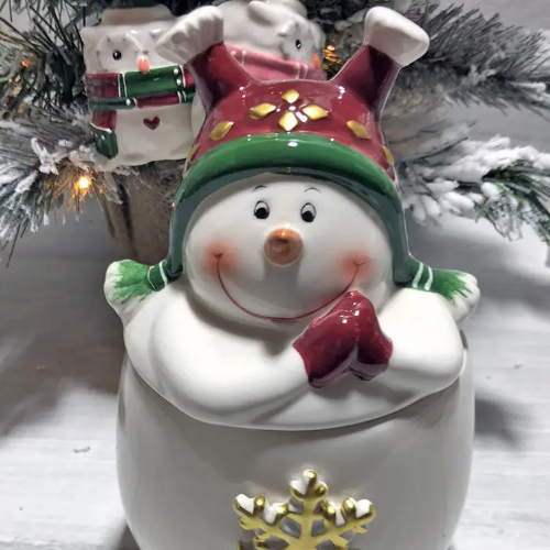 Ємність Бешкетний сніговик 550мл з фігурною кришкою кераміка білий/червоний БОНА ДИ 834-282 | Зображення 1