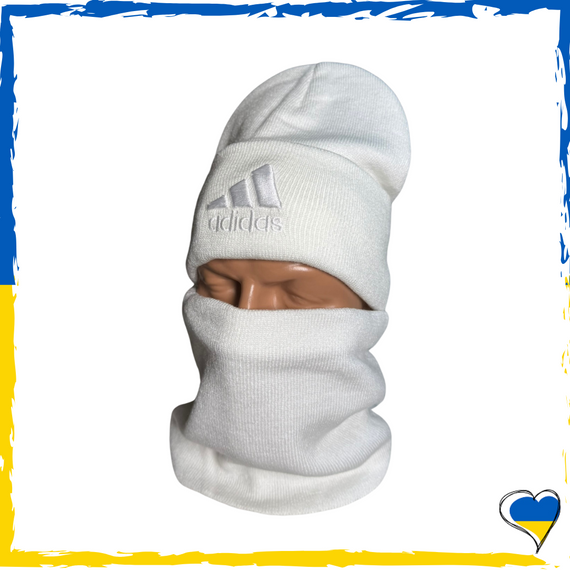 Комплект белый Adidas шапка и бафф на флисе унисекс. Набор теплый. Мужской, женский, подростковый, детский