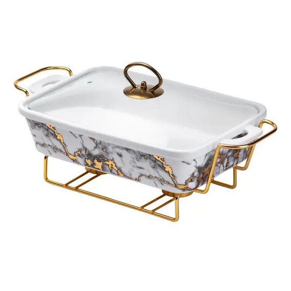 Настольная мармитница 1.5 литра мармит прямоугольный фарфоровый 35х19х11.5 см для вторых блюд Мрамор HP1032 | Зображення 3