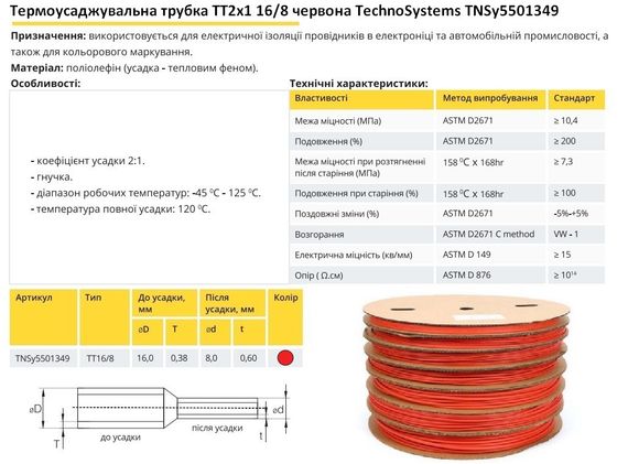 Термоусадочна трубка ТТ2х1 16/8 червона в рулонах 100м Ny95501349 | Зображення 1