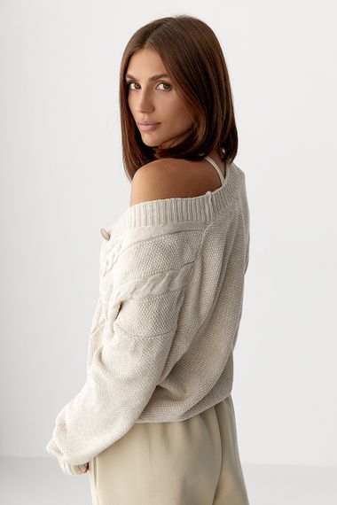 Короткий в'язаний кардиган з косичками - бежевий цвет, ONE SIZE (є розміри) | Зображення 1