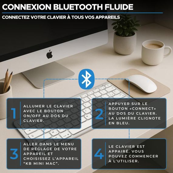 Бездротова клавіатура Bluetooth Bluestork компактна, ультратонка AZERTY, легка тиха міні-клавіатура для Mac, iPad, iPhone біла | Зображення 4