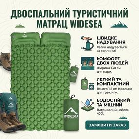 Надувний туристичний матрац-килимок NMN-207 з подушкою і чохлом, 190×120×5 см, водонепроникний, зелений
