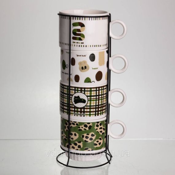 Набір чашок для чаю та кави на металевій підставці Lucky 4 (шт) по 300 (мл) подарунковий набір порцелянових чашок FM-16 | Зображення 1