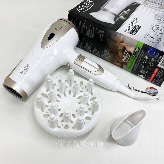 Електричний фен для волосся Adler AD-2248 White 2400Вт для укладання та сушіння з насадками з іонізацією | Зображення 1