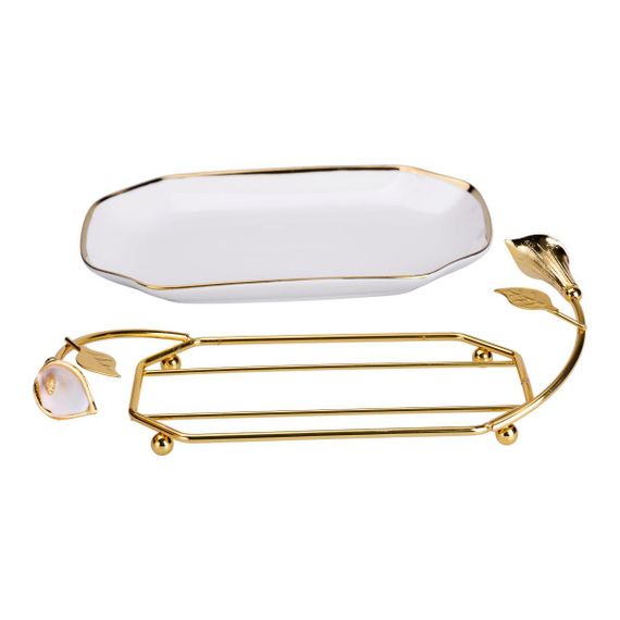 Порцелянова фруктовниця на підставці 26×15×3.5 см Біла із золотом HP-7-5 | Зображення 1