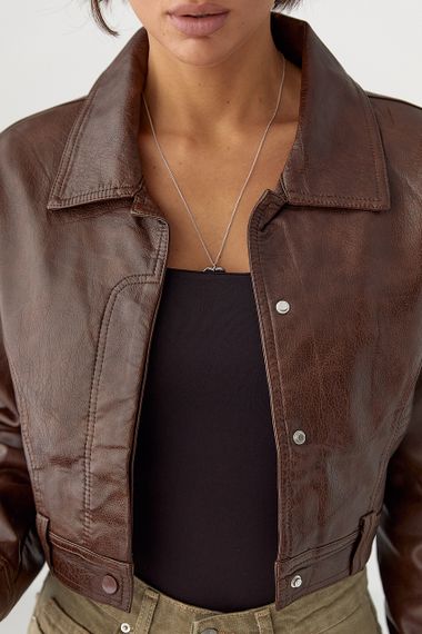 Коротка куртка зі шкірозамінника - темно-коричневий цвет, M (є розміри) | Зображення 3