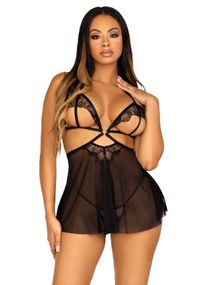 Сорочка беби-долл с открытыми чашками Leg Avenue Lace and mesh babydoll & panty Black S, стринги