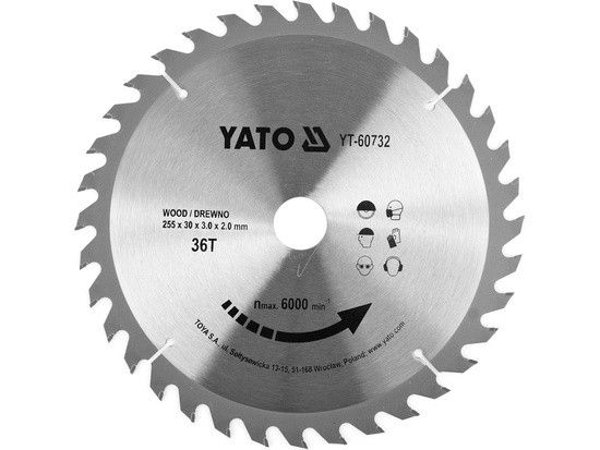 Диск пиляльний победітовий по дереву 255x30мм 36 зубів YATO YT-60732