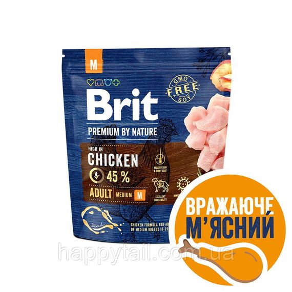 Корм Brit Premium by Nature Adult M для взрослых собак средних пород, курица, 1 кг