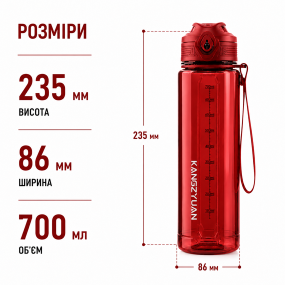 Бутылка для воды KANGZYUAN 700 мл Tritan спортивная, BPA Free, с герметичной крышкой, Красный | Зображення 6