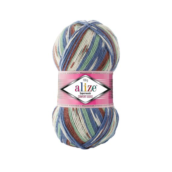 Пряжа Alize SUPERWASH COMFORT 7653 синій-зелений-коричневий алізе супервош 75% вовна 25% поліамід