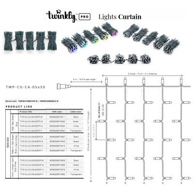 Гирлянда Twinkly PRO Smart LED Curtain RGB 250, AWG22, IP65, зеленый (TWP-CU-CA-05X50STP-G) | Зображення 4