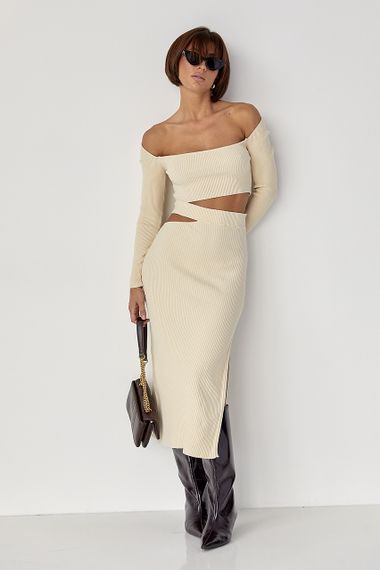 Костюм у рубчик із кроп-топом і спідницею - кремовий цвет, ONE SIZE (є розміри) | Зображення 4