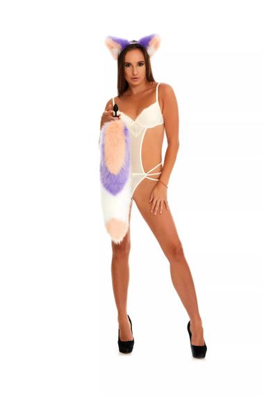 Анальний хутряний хвіст без пробки, Триколірний: Персиковий, фіолетовий, білий з персиковим кінчиком, OKOVA 60 см. sexstyle | Зображення 3