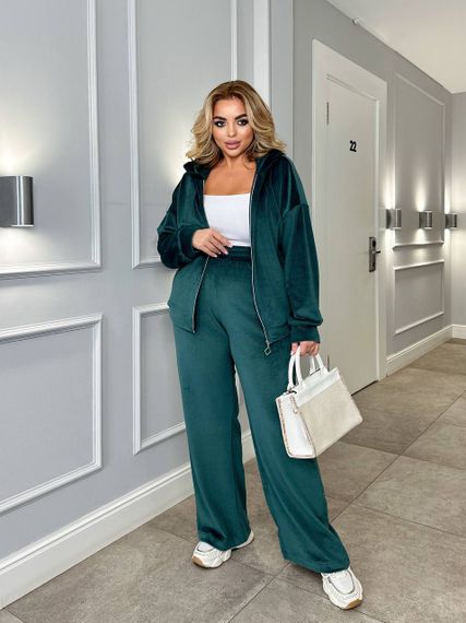 Женский велюровый спортивный костюм больших размеров штаны палаццо МТ317 цвет зеленый, размер 50/52 | Зображення 2