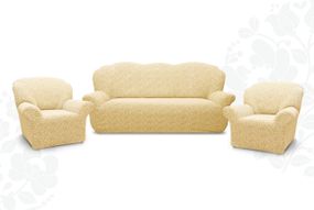 Жаккардовый чехол на диван + 2 кресла без юбки Ванильный
