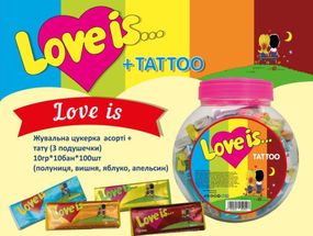 Жувальна конфета Love is Tattoo 10 г × 100 шт – фруктове асорті з тату-вкладышем
