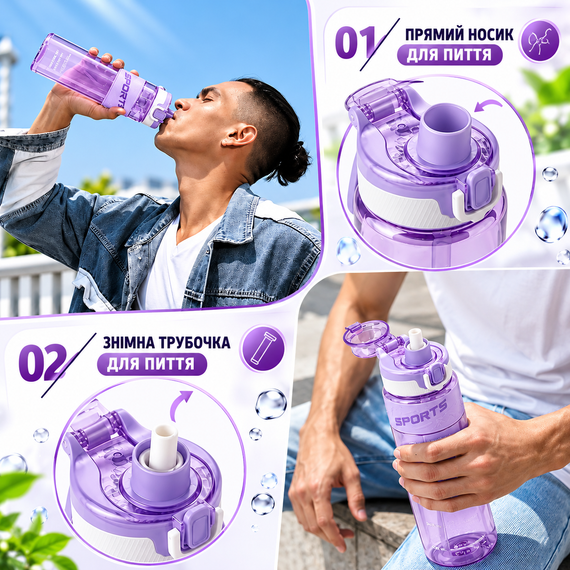 Пляшка для води KANGZYUAN 500 мл фіолетова спортивна з Tritan без BPA, ударостійка, з ергономічною кришкою | Зображення 2