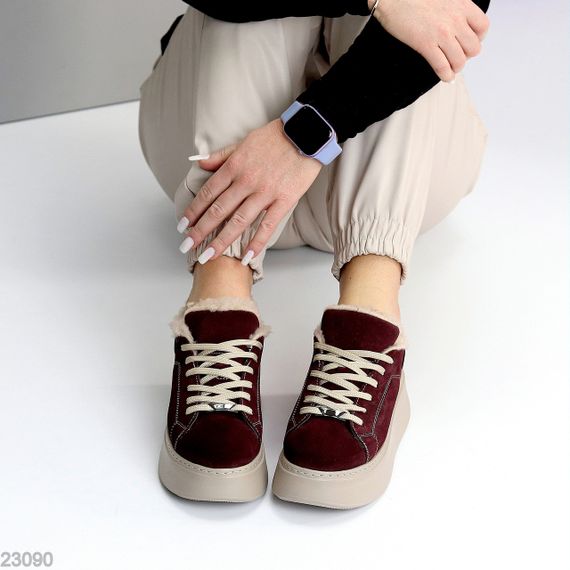 Бордовые зимние прошитые кроссовки натуральная замша на бежевой платформе | Зображення 5