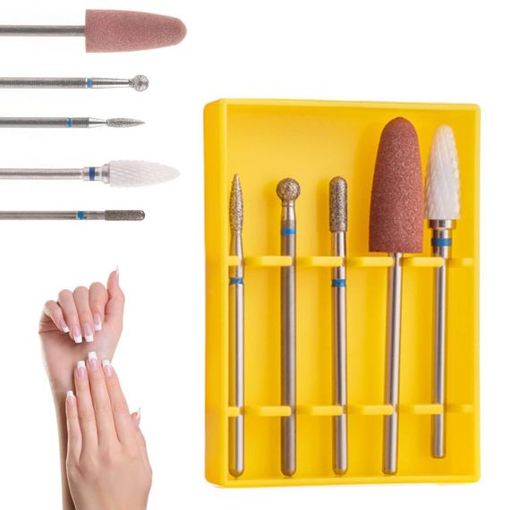 Стартовий набір фрез для щільної кутикули 5в1 / Насадки на фрезер у пластиковому контейнері / Набір фрез з синьою насічкою