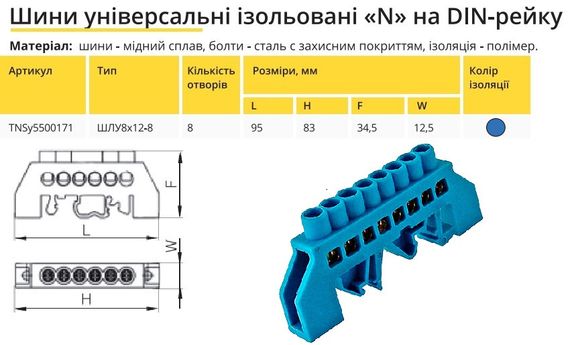Універсальна Шина ізольована «N» на DIN-рейку ШЛС 8х12-8 синій Ny95500171 | Зображення 1