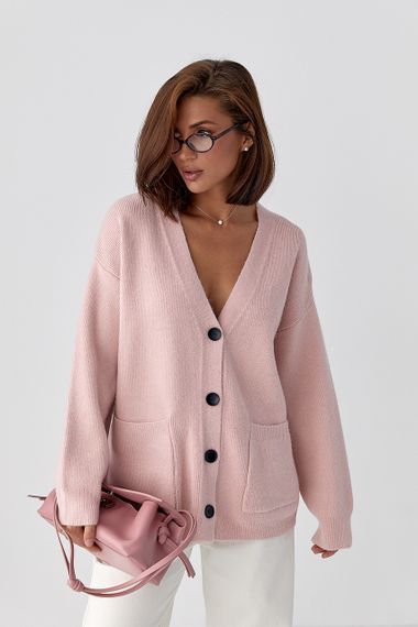 В'язаний кардиган із накладними кишенями - пудра цвет, ONE SIZE (є розміри) | Зображення 4