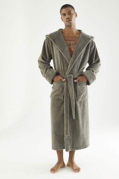 Чоловічий халат велюровий Nusa 7230 з капюшоном, хакі, 2XL | Зображення 5