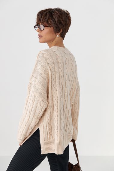 В'язана кофта в косички з розрізами - кремовий цвет, ONE SIZE (є розміри) | Зображення 1