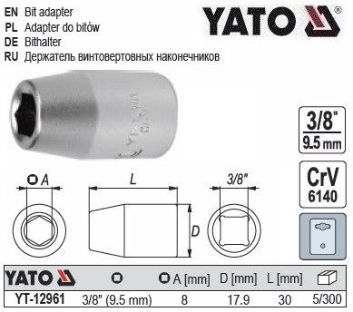 Переходник для насадок викруткових YATO Польща перехидник 3/8" М=8 мм YT-12961