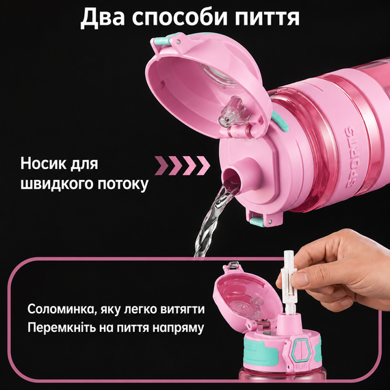 Спортивная бутылка KANGZYUAN 1000 мл (1 л) - Розовая Tritan BPA-free, ударопрочная эко-бутылка с трубочкой и ремешком | Зображення 4
