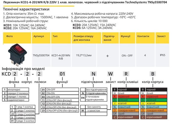 Перемикач KCD1-4-201WN R/B 220V 1 червона клавіша з підсвічуванням вологозахищена Ny95500704 | Зображення 1