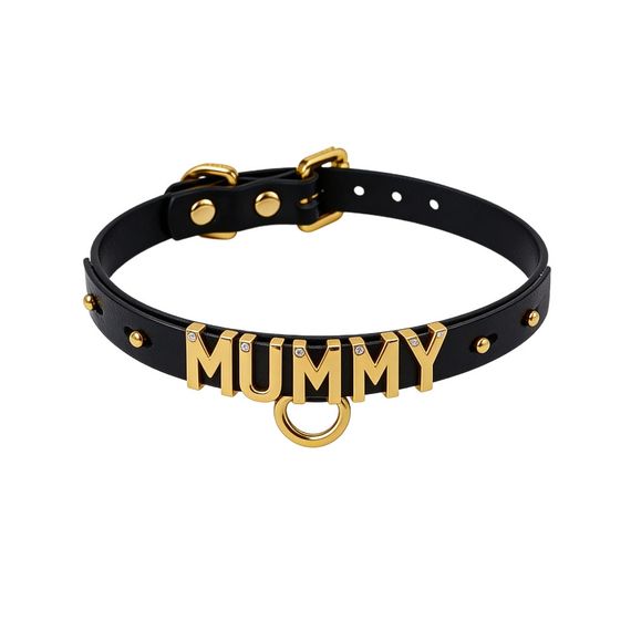 Чокер з написом MOMMY від UPKO з італійської шкіри, чорний з золотою фурнітурою Sex Aura