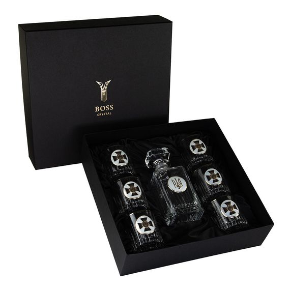 Набір для віскі "СЛУЖБА БЕЗПЕКИ" 6 келихів 360 мл, графін 750 мл, кришталь з платиною, зображення зі срібла з