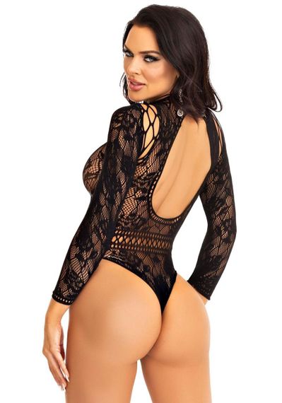 Боді Leg Avenue High neck lace bodysuit, One Size, чорне, довгий рукав, стрінги, квітковий малюнок Sex Aura | Зображення 2