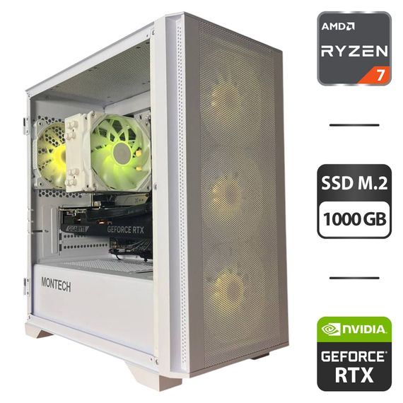 Збірка під замовлення: комп'ютер Montech Air 1000 ARGB White Tower / AMD Ryzen 7 7700 (8 (16) ядер по 3.8 - 5.3 GHz) / 32 GB DDR5 / 1000 GB SSD M.2 / nVidia GeForce RTX 5070, 12 GB GDDR7, 192-bit / 750W
