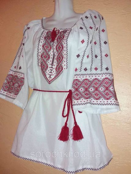 Вышиванка  женская орнамент "Бесконечник"  Цвет: белый. Цвет вышивки: белый, синий,красный домотканное полотно короткий рукав,под  пояс,красная | Зображення 1