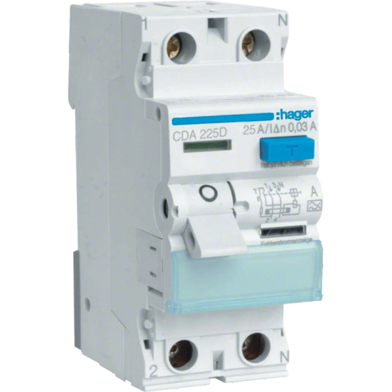 Hager CDA225D Диференціальне реле 2P, 6kA, 25A, 30mA, A - Модульне обладнання