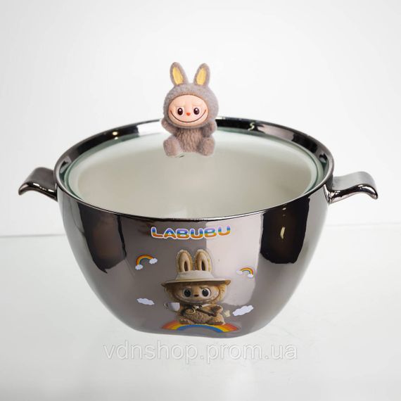 Бульйонниця порцелянова Labubu з кришкою та ручками 800 (мл) Ø15 (см) дитяча тарілка для супу та локшини Сріблястий з коричневим