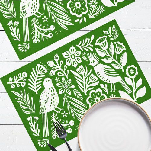 Сервірувальна серветка під тарілку Пташки на зеленому фоні 40х27 см, 2 шт (SRVS_O_24A002)